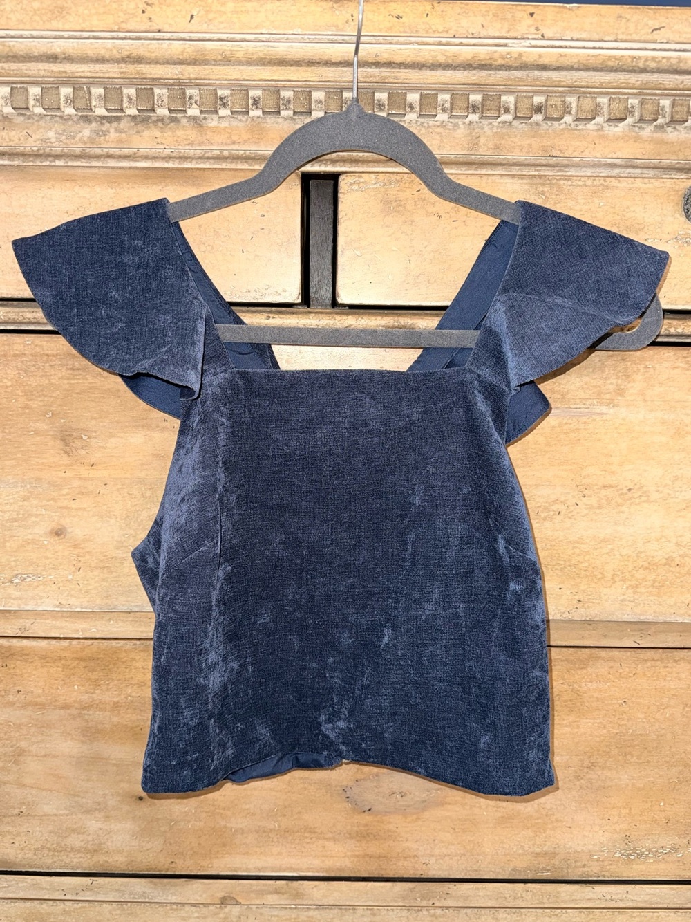 English Factory Navy Velvet Flutter Sleeve Top Size S